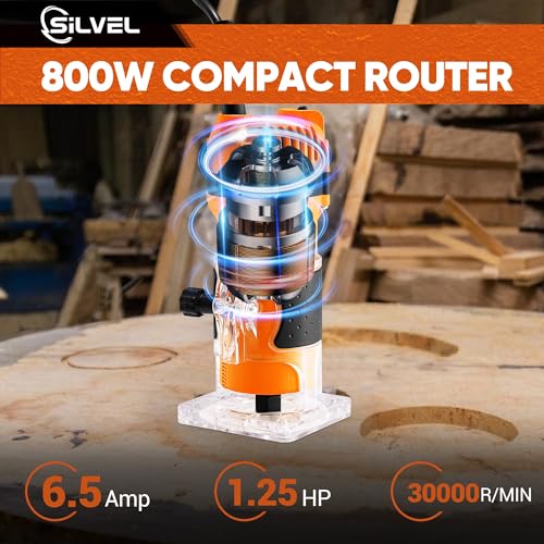 SILVEL Wood Router, 800W Wood Routers for Woodworking, 6.5Amp 1.25HP Hand Wood Router Tool, 30000R/MIN Compact Edge Trimmer with 15 1/4" Router Bit Set, Orange SILVEL