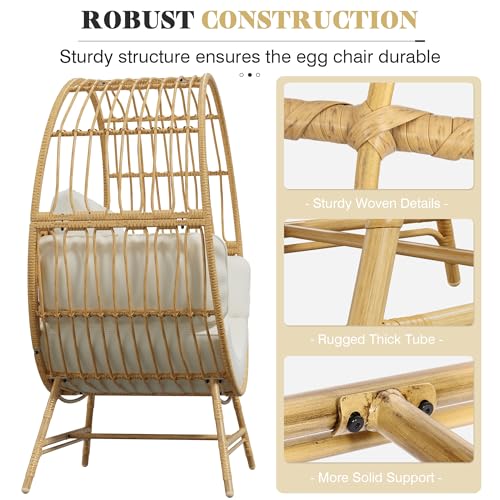 Bifanuo Oversized Egg Chair Indoor/Outdoor Rattan Hanging Basket Chair with Thickened Cushion Supports 350LBS – Wicker Patio Lounge Chair for Balcony Porch Living Room Backyard (Beige)