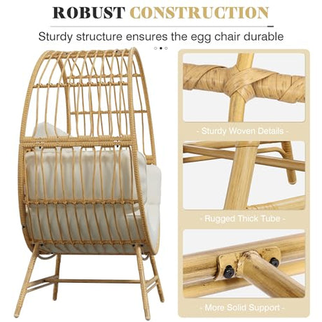 Bifanuo Oversized Egg Chair Indoor/Outdoor Rattan Hanging Basket Chair with Thickened Cushion Supports 350LBS – Wicker Patio Lounge Chair for Balcony Porch Living Room Backyard (Beige) Bifanuo
