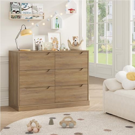 HOSTACK Modern 6 Drawer Dresser for Bedroom, Double Chest of Drawers with Storage, Large Wooden Storage Dresser Organizer with Cut-Out Handle, Accent Storage Cabinet for Living Room, Rustic Brown HOSTACK