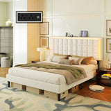 AMERLIFE King Size Upholstered Bed Frame with LED Lights, Soft Fabric/Button Tufted Platform Bed with Charging Station/Wood Slat Support/Noise Free, White AMERLIFE