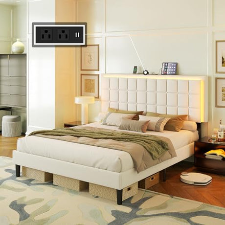 AMERLIFE King Size Upholstered Bed Frame with LED Lights, Soft Fabric/Button Tufted Platform Bed with Charging Station/Wood Slat Support/Noise Free, White AMERLIFE