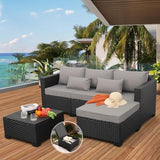 Rattaner 3 Pieces Patio Furniture Set Outdoor Sectional Wicker Patio Furniture Patio Couch with Ottoman and Outdoor Storage Table All-Weather Anti-Slip Cushions Waterproof Covers, Light Grey Rattaner