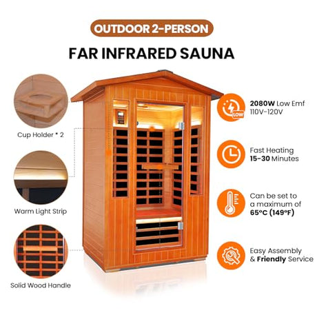 Outdoor Sauna 2 Person Sauna Infrared Saunas Dry Sauna Room 2080W/110V Low EMF Outer Board Red Cedar/Inner Board Fir Wood, Oxygen Bar, Speaker, LCD Control Screen, LED Lights - 48.8*38.2*81.9 in HOSAUNA