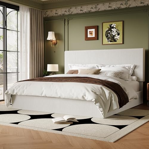 Allewie King Bed Frame, Upholstered Platform Bed, Adjustable Vertical Channel Tufted Headboard, Corduroy Fabric, Modern Low Profile, Wooden Slats, No Box Spring Needed, Easy Assembly, White Allewie