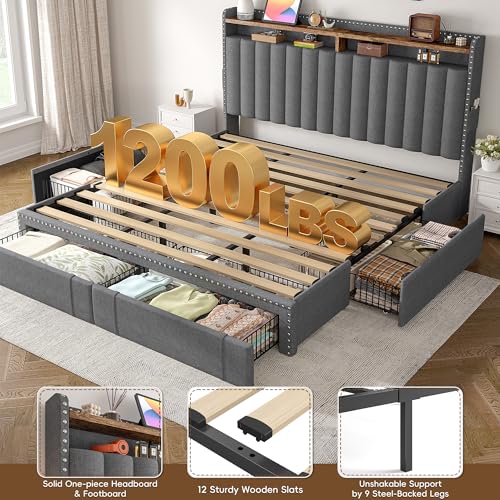 EnHomee King Size Bed Frame, Upholstered King Bed Frame with 4 Storage Drawers & 2-Tier Headboard Shelves, 1200LBS Heavy Duty, No Box Spring Needed, Easy Assembly, Grey EnHomee