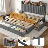 EnHomee King Size Bed Frame, Upholstered King Bed Frame with 4 Storage Drawers & 2-Tier Headboard Shelves, 1200LBS Heavy Duty, No Box Spring Needed, Easy Assembly, Grey EnHomee