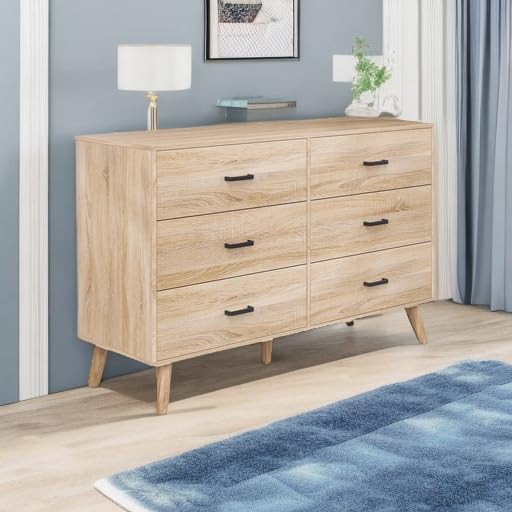 Bigbiglife Wood Dresser for Bedroom, 6 Drawer Dresser with Metal Handles, Mid Century Modern Dresser Double Chest of Drawer (Light Oak) - WoodArtSupply