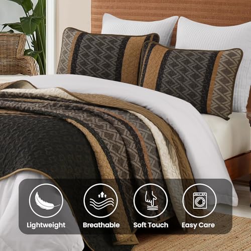 Dinjoy King Size Quilt Set Boho, Soft 3 Pieces Striped Bedspreads Quilts Brown Bedding Sets Boho Lightweight Quilted Coverlets Set Fall Bed for All Seasons 110"x90" Dinjoy