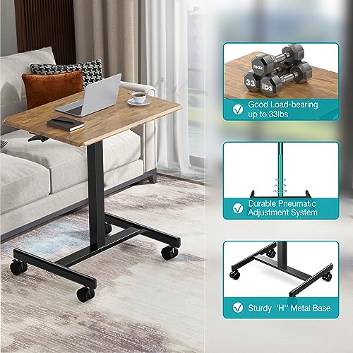 DUMOS Small Standing Desk Mobile Portable Rolling Laptop PC Table on Wheels Adjustable Height Computer Workstation for Home Office, 19 Inch, Brown DUMOS