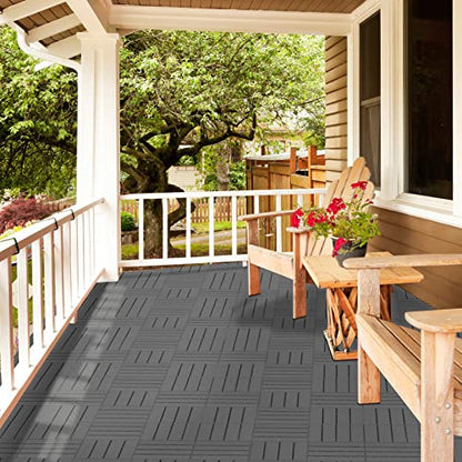 Goovilla Plastic Interlocking Deck Tiles, 9 Pack , 12"x12" Waterproof Outdoor Flooring All Weather Use, Patio Floor Decking Tiles for Porch Poolside Balcony Backyard, Dark Grey - WoodArtSupply