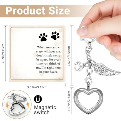 Japrex Pet Hair Keepsake, Pet Fur Memorial Keepsake with Angel Wing Paw Print Charm, Heart Glass Memory Locket for Dog Cat Fur, Pet Loss Remembrance Gift for Pet Lovers Japrex