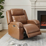 Watson & Whitely Genuine Leather Power Recliner Chairs for Adults, Wall Hugger RV Recliner with Power Headrest & Charging Ports, Electric Recliner Sofa Chair for Living Room, Saddle Brown