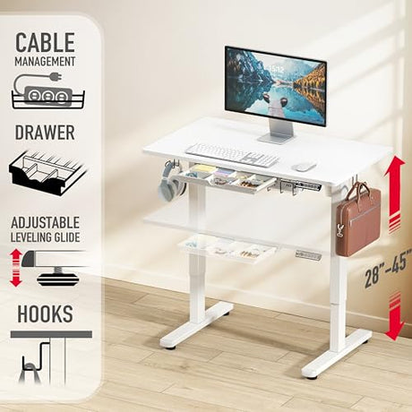 SHW 40-Inch Electric Height Adjustable Standing Desk with Drawer, Memory Preset and Cable Management Tray, White SHW