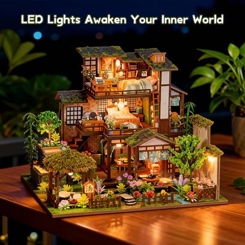 DIY Miniature House Kit, Dollhouse Kit, 3D Wooden Puzzles Bookshelf Craft Kits, Mini Doll House Building Kit for Adults Teen(Garden Cottage)