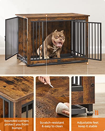 Feandrea Dog Crate Furniture, 38 Inches Dog Kennel for Dogs up to 70 lb, with Removable Tray, Heavy-Duty Dog Cage End Table, Double Doors Dog House, Rustic Brown UPFC013X01 Feandrea