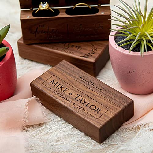 Eyesoul Personalized Walnut Wooden Ring Box,Double Ring Box With Name,Custom Engagement/Proposal/Wedding Ceremony Ring Bearer Box,Wedding Ring Holder - WoodArtSupply