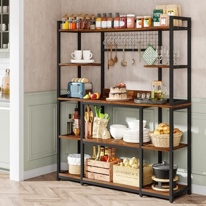 LITTLE TREE 5 Tiers Bakers Rack, 70" Kitchen Hutch Microwave Stand with 11 Hooks, 55" Extra Wide Kitchen Storage Shelf Rack, Wood Baker’s Rack with Hutch for Kitchen, Brown