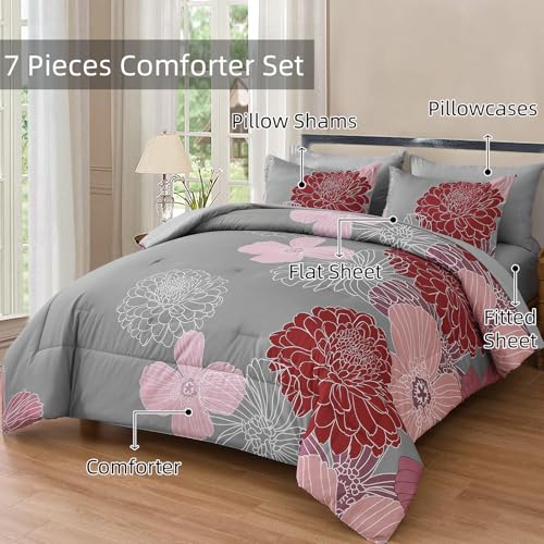 Yiran Burgundy Pink Red Floral Comforter Set Bed in a Bag Flower Comforter Set Soft Microfiber Bedding Set King 104''x90'' Yiran