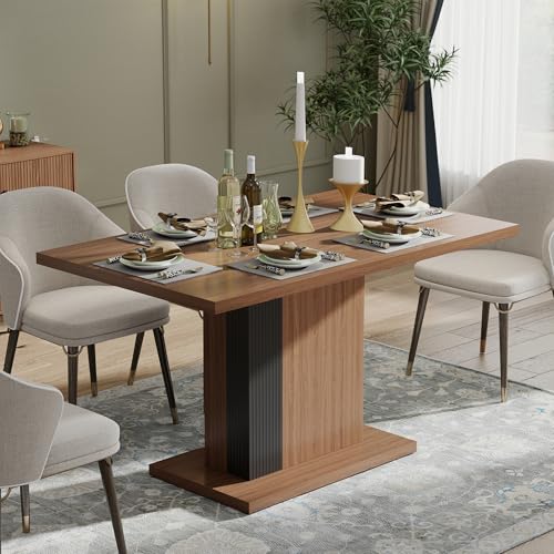 Manora 55" Modern Farmhouse Dining Table for 6 People, Rectangular Kitchen & Dining Room Wood Table with Pedestal Base, Walnut Finish Manora