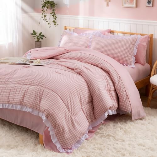 A Nice Night Comforter Twin Size,Pink Ruffle Comforter for Dorm Room Essentials for Twin Bed,Plaid Checkered Chic Bedding Bed in a Bag for Girls A Nice Night