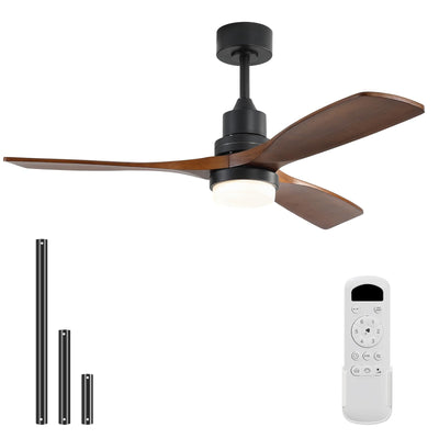 Sofucor 52 Inch Ceiling Fan with Light and Remote - 3 Solid Walnut Wood Blades, Quiet DC Motor, 6 Speeds 5000CFM, Dimmable Tri-Color LED with Memory, Timer & Reversible for Living Room Bedroom, ETL