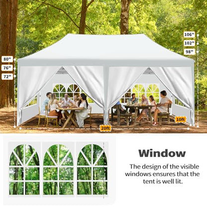 Titwest Canopy 10x20 Pop Up Canopy Tent with 6 Sidewalls and Window, Ez Pop Up Instant Shade Gazebo for Outdoor Events, Party and Patio with Wheeled Bag(10x20FT,White) - WoodArtSupply