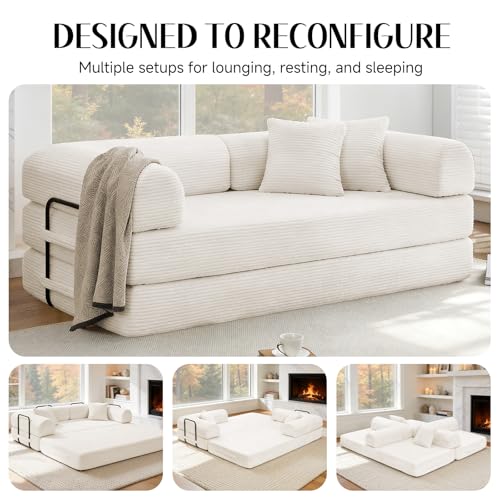 KSTNLUXQ 79" Corduroy Sofa Bed, Boneless Couch in a Box with 2 Pillows, High-Density Foam 4-in-1 Foldable Sleeper Futon Loveseat for Small Spaces, No Assembly, Side Pockets, Round Arm White KSTNLUXQ