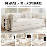 KSTNLUXQ 79" Corduroy Sofa Bed, Boneless Couch in a Box with 2 Pillows, High-Density Foam 4-in-1 Foldable Sleeper Futon Loveseat for Small Spaces, No Assembly, Side Pockets, Round Arm White KSTNLUXQ