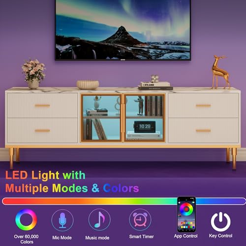 Garvee Fluted TV Stand with Storage Drawers for TVs Up to 75 Inch, Entertainment Center TV Table with LED Lights and Glass Door, Media Console with Faux Marble Top for Living Room, Bedroom, White Garvee