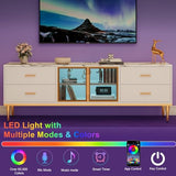Garvee Fluted TV Stand with Storage Drawers for TVs Up to 75 Inch, Entertainment Center TV Table with LED Lights and Glass Door, Media Console with Faux Marble Top for Living Room, Bedroom, White Garvee
