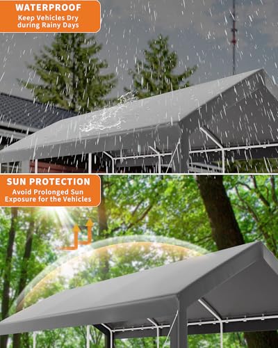 10x20 ft Carport Car Port Canopy with PE Fabric and Galvanized Steel Frame,Outdoor Shelter Waterproof & UV Protected with Windproof Ropes,Ideal for All-Season Tarp for Car, Truck,Grey. ElfinAura