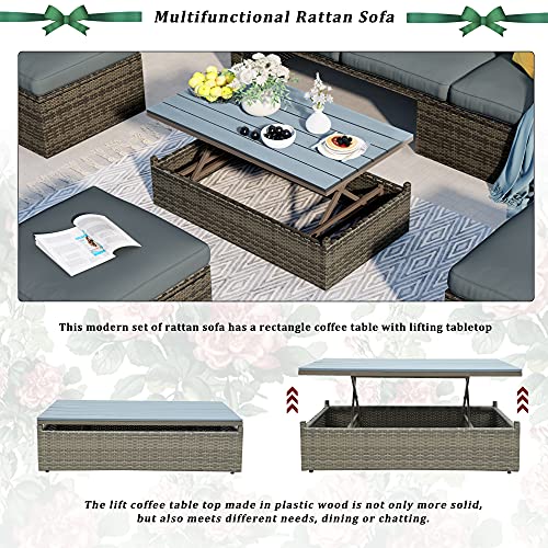Goohome 5 Pieces Outdoor Patio Sectional Sofa Couch, PE Wicker Furniture Conversation Sets with Adustable Backrest & Washable Cushions & Ottomans & Glass Coffee Table for Garden, Poolside, Backyard Goohome