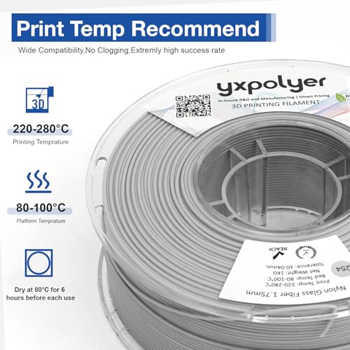 Nylon Glass Filled Filament Grey Nylon Glass Fiber 1.75mm PA GF 3D Printer Filament PA6-GF 1kg with Reusable PC Spool yxpolyer