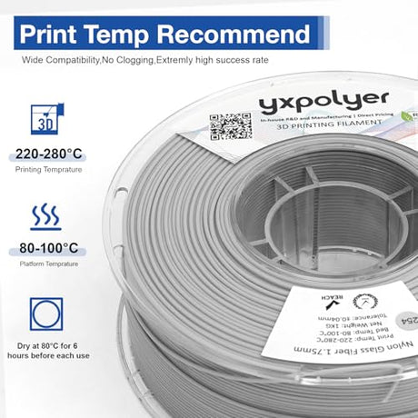 Nylon Glass Filled Filament Grey Nylon Glass Fiber 1.75mm PA GF 3D Printer Filament PA6-GF 1kg with Reusable PC Spool yxpolyer