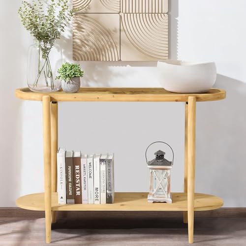 RUSTOWN Rattan Console Table, 2-Tier Boho Entryway Table with Tempered Glass Top and Wood Legs,Mid Century Modern Sofa Table for Hallway, Entryway, Living Room (Natural) RUSTOWN