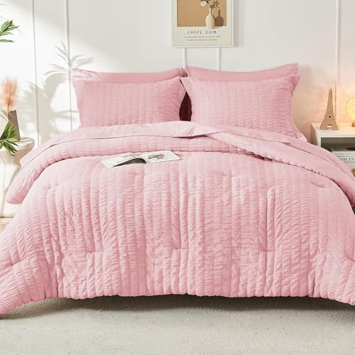 HYMOKEGE Pink Queen Comforter Set Seersucker 7 Pieces, All Season Luxury Bed in a Bag for Bedroom, Bedding Set with Comforters, Sheets, Pillowcases & Shams HYMOKEGE