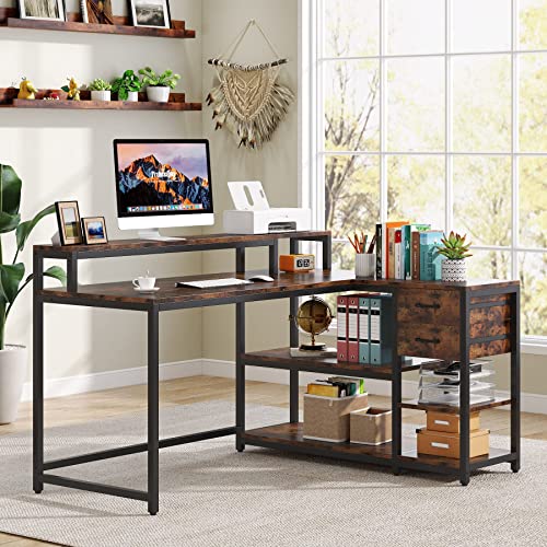 Tribesigns Rustic L Shaped Desk with Drawers and Shelves for Home Office - WoodArtSupply