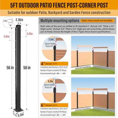 BITALS Q235A-Steel 5ft (H/58in) Heavy Duty Fence Post - Corner Post, Suitable for Outdoor Patio, Backyard and Garden Fence Post Bracket Construction (1pack-Matte Black) - WoodArtSupply