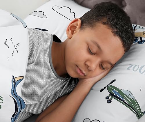 Sweet Jojo Designs Vintage Airplane Boy Twin Sheets Set Single Size Bed Flat Fitted Sheet Pillow Case Kids Childrens Teenager Bedding 3pc Grey Green Blue White Yellow Airplanes Transportation Clouds Sweet Jojo Designs