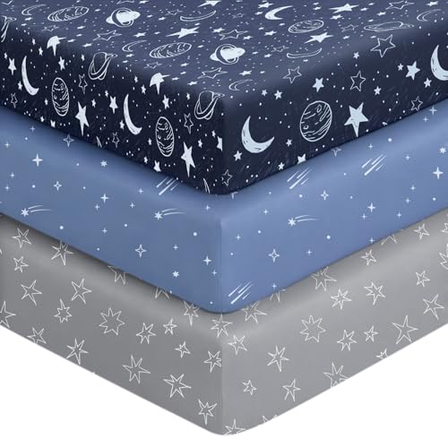 Unnivoll Baby Crib Sheets for Boys Girls, 28x52x8in Fitted Crib Sheet Neutral 3 Pack for Standard Crib and Toddler Mattress, Breathable Soft Microfiber Baby Sheet Blue Gray Planet Unnivoll