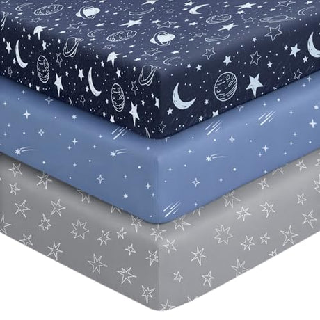 Unnivoll Baby Crib Sheets for Boys Girls, 28x52x8in Fitted Crib Sheet Neutral 3 Pack for Standard Crib and Toddler Mattress, Breathable Soft Microfiber Baby Sheet Blue Gray Planet Unnivoll