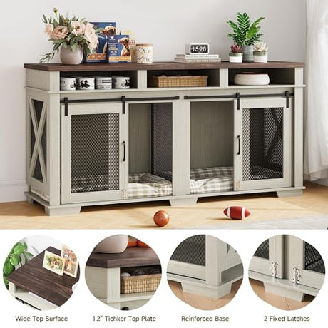 71'' Double Dog Crate Furniture – Furniture-Style Kennel with Removable Divider, Sliding Barn Door & 3 Drawers | Doubles As a TV Stand, Ideal for Large Dogs or 2 Medium Breeds (White + Walnut Finish) Loumernhant