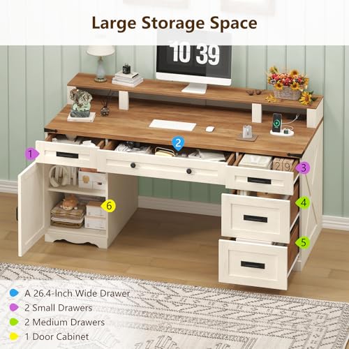 YOMILUVE Farmhouse Executive Desk with Drawers & Storage Shelves, 55" Computer Desk with Power Outlets, Home Office Desk with Monitor Stand & File Drawers, Writing Study Table, Antique White YOMILUVE