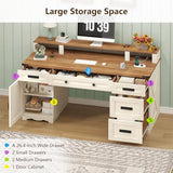 YOMILUVE Farmhouse Executive Desk with Drawers & Storage Shelves, 55" Computer Desk with Power Outlets, Home Office Desk with Monitor Stand & File Drawers, Writing Study Table, Antique White YOMILUVE