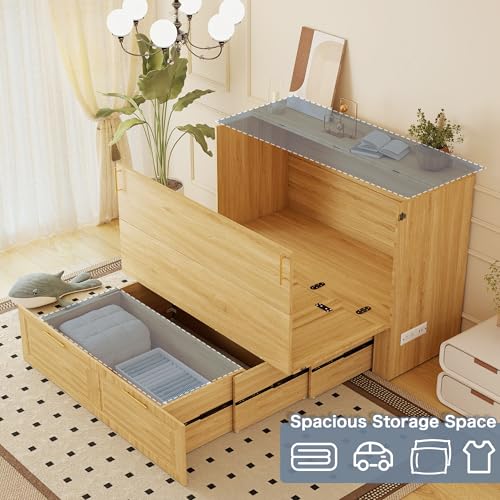 Jotirxe Full Murphy Bed Cabinet: Oak Cabinet Bed with Charging Station, Cube Murphy Beds with Drawers, Modern Hidden Beds for Small Spaces, Guest Room and Office Jotirxe