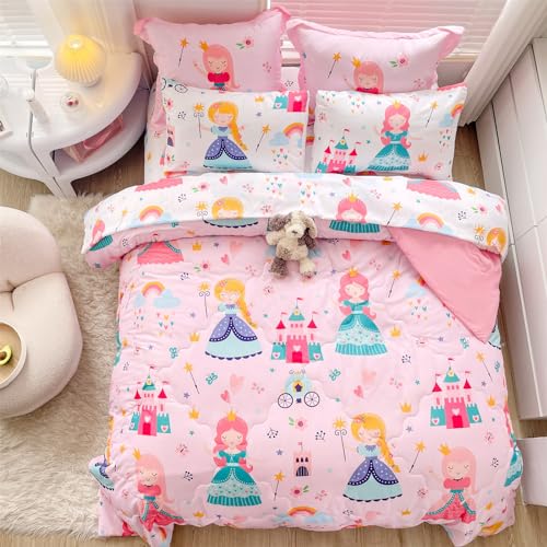 Wajade Kids Pink Princess Comforter Set Bed in A Bag Queen Size 7 Piece Princess Fairy Tales Castle Bedding Set for Girl (1 Comforter, 1 Flat Sheet, 1 Fitted Sheet, 2 Pillowcase and 2 Pillow Sham) Wajade