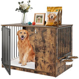 Dog Crate Furniture with Cushion for Large Dogs, 36" Indoor Wooden Dog Kennel with 270° Swivel Door, 360° Rotating Feeder, Decorative Heavy Duty Dog House with Double Locks & Bowls, Rustic Brown TBWIND