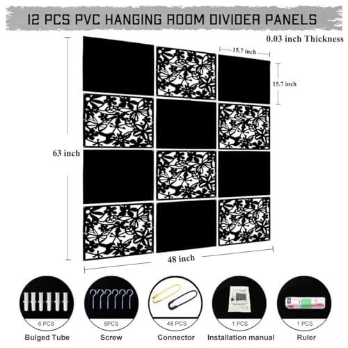 LRZCGB Hanging Room Divider,12pcs PVC Black Panel Screen Solid for Decorating Living, Dining, Study and Sitting-Room, Hotel(Black+Solid Board) LRZCGB
