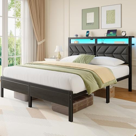 Seventable Full Size Bed Frame with Charging Station & LED Lights, Upholstered Headboard with Storage Shelves, Metal Platform with Under Bed Storage, No Box Spring Needed, Easy Assembly, Dark Grey Seventable